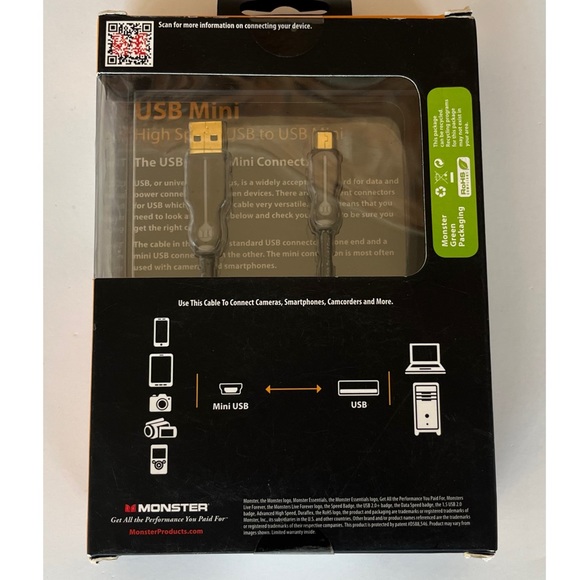 Monster High Speed Black USB to USB Mini Charging  1.5 ft - Picture 5 of 7
